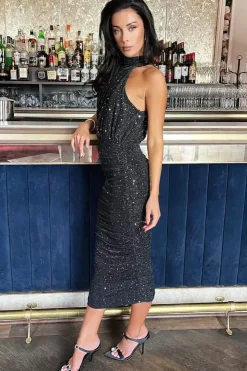 Metallic Sparkle Halter Neck Ruched Midi Dress