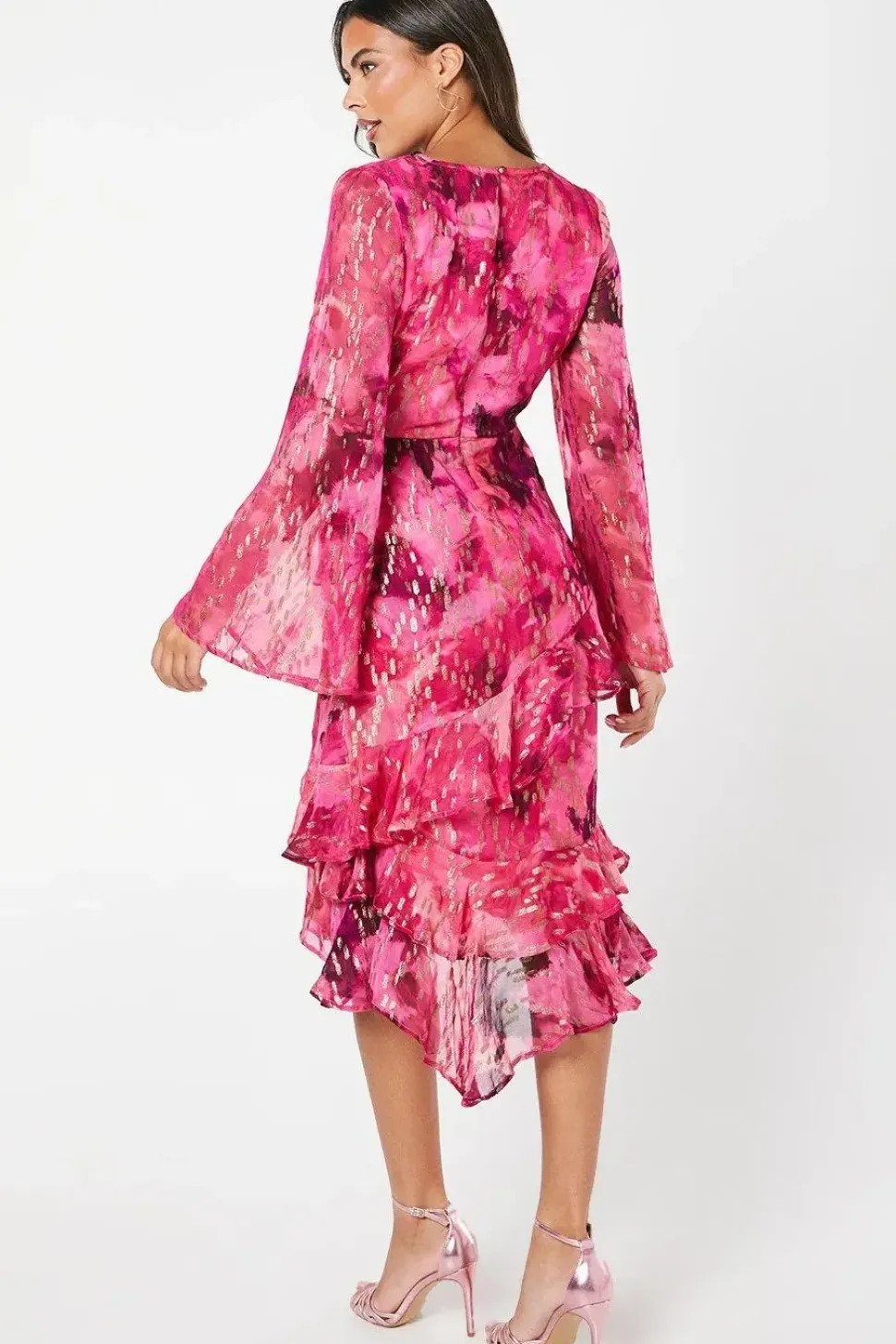 Metallic Spot Printed Wrap Dress With Ruffle Skirt
