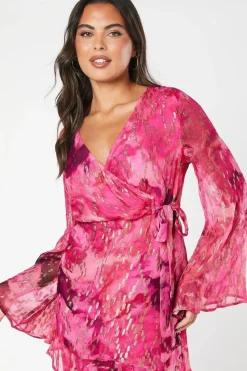 Metallic Spot Printed Wrap Dress With Ruffle Skirt