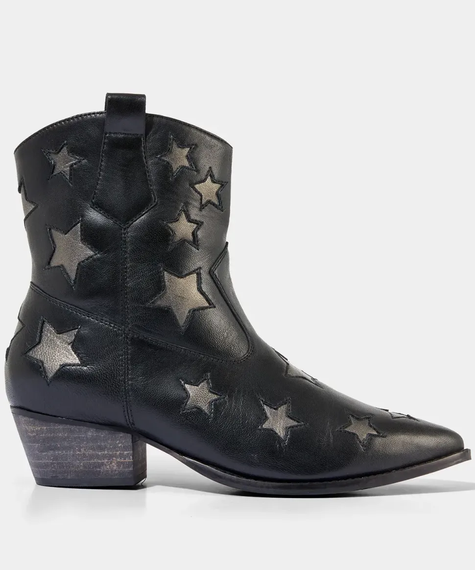Metallic Star Embroidered Western Leather Ankle Boots