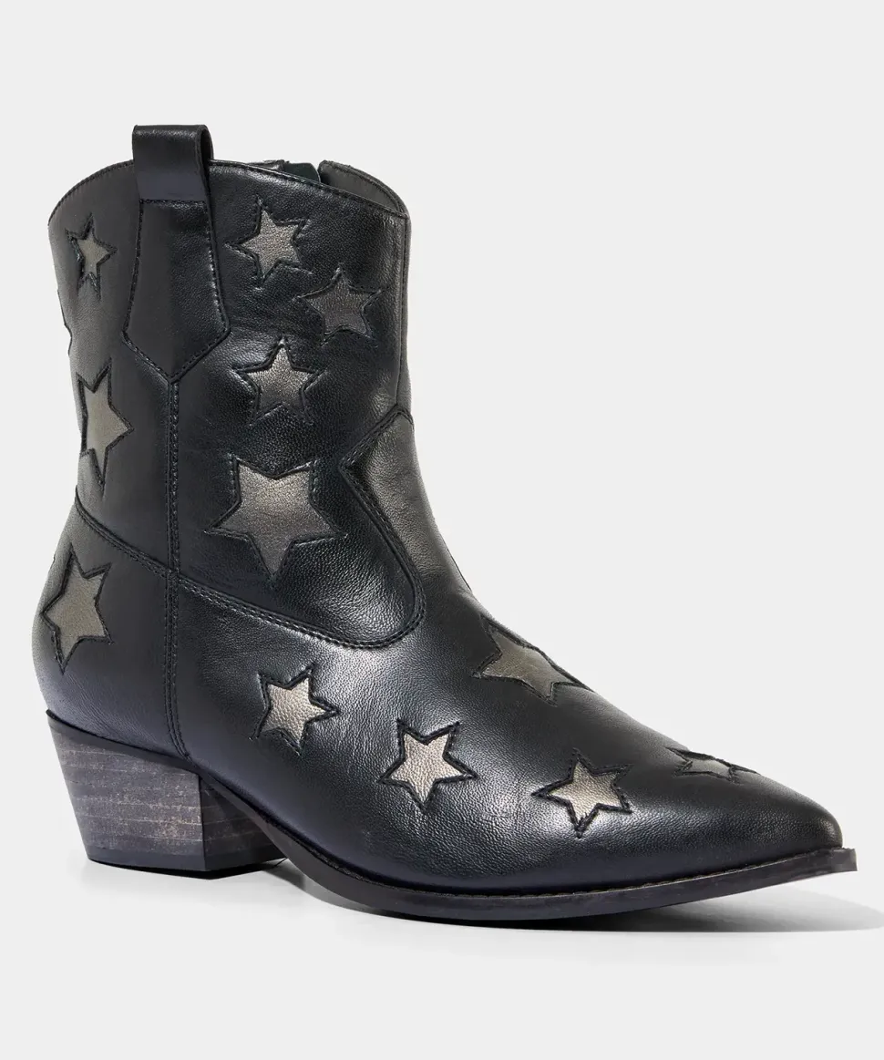 Metallic Star Embroidered Western Leather Ankle Boots
