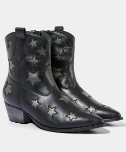 Metallic Star Embroidered Western Leather Ankle Boots