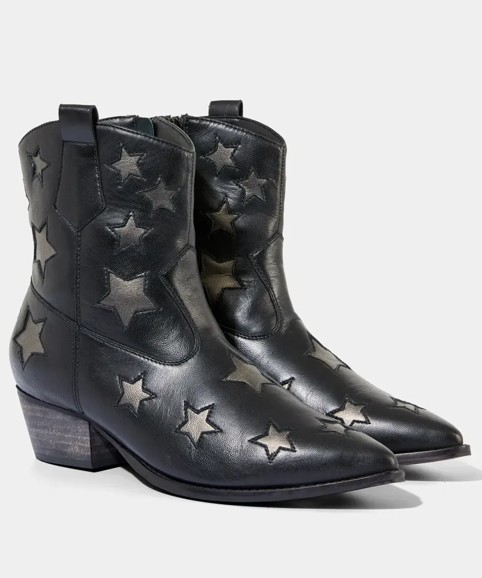 Metallic Star Embroidered Western Leather Ankle Boots