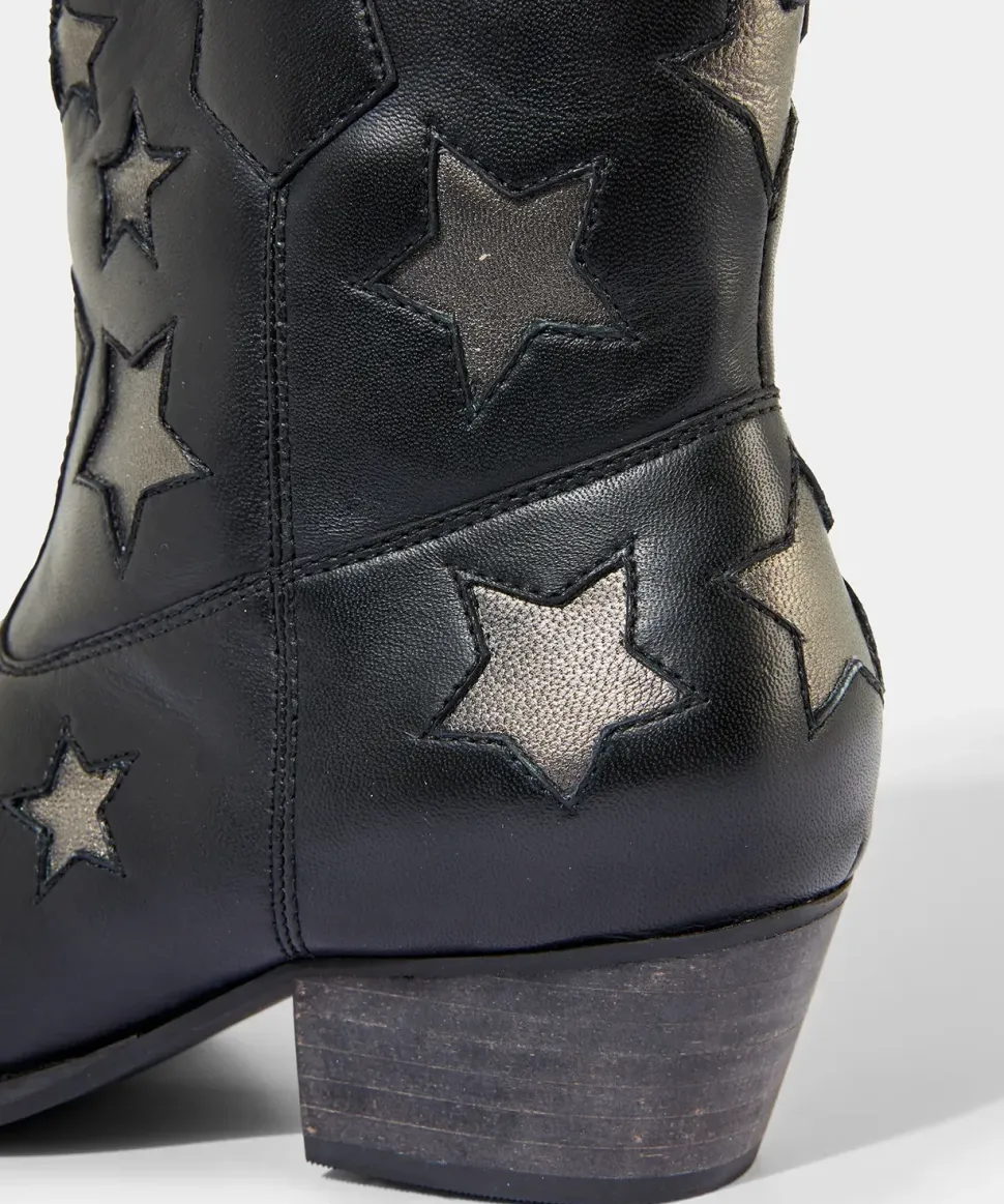 Metallic Star Embroidered Western Leather Ankle Boots