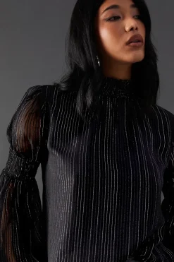 Metallic Stripe High Neck Blouse
