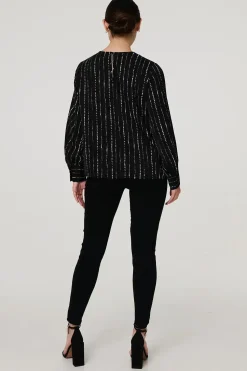 Metallic Stripe Long Sleeve Blouse