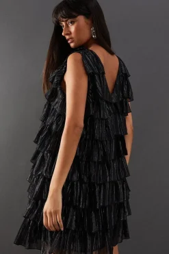 Metallic Stripe Multi Frill V Neck Mini Dress