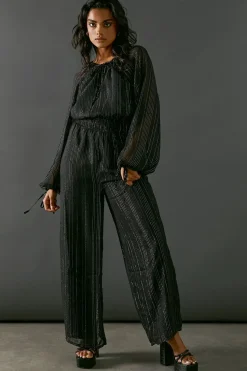Metallic Stripe Tie Neck Waisted Jumpsuit