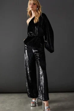 Metallic Texture One Shoulder Flared Sleeve Jumpsuit