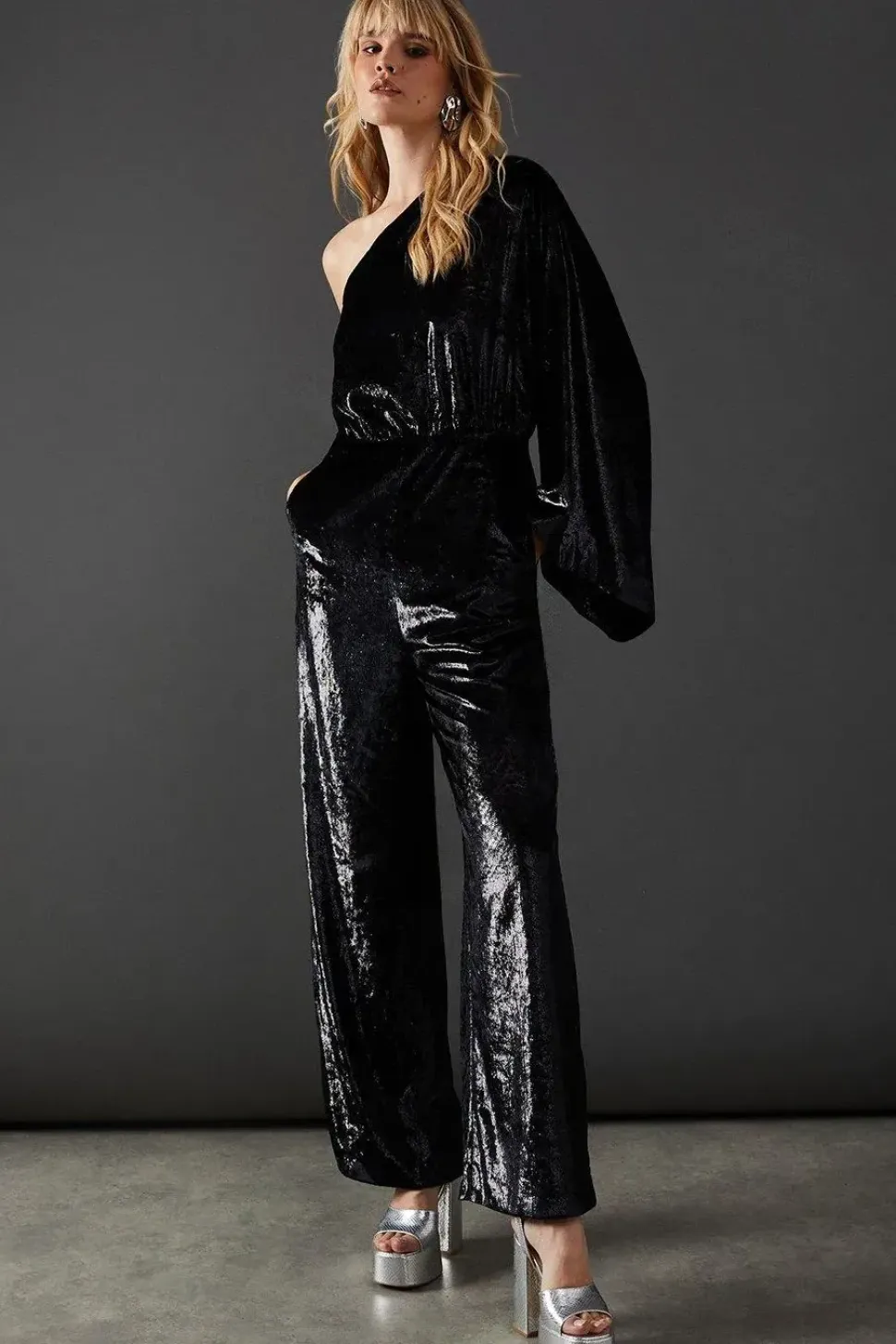 Metallic Texture One Shoulder Flared Sleeve Jumpsuit