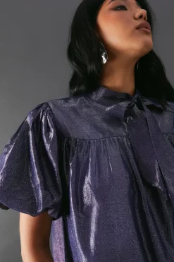 Metallic Tie Neck Puff Sleeve Tier Hem Mini Dress