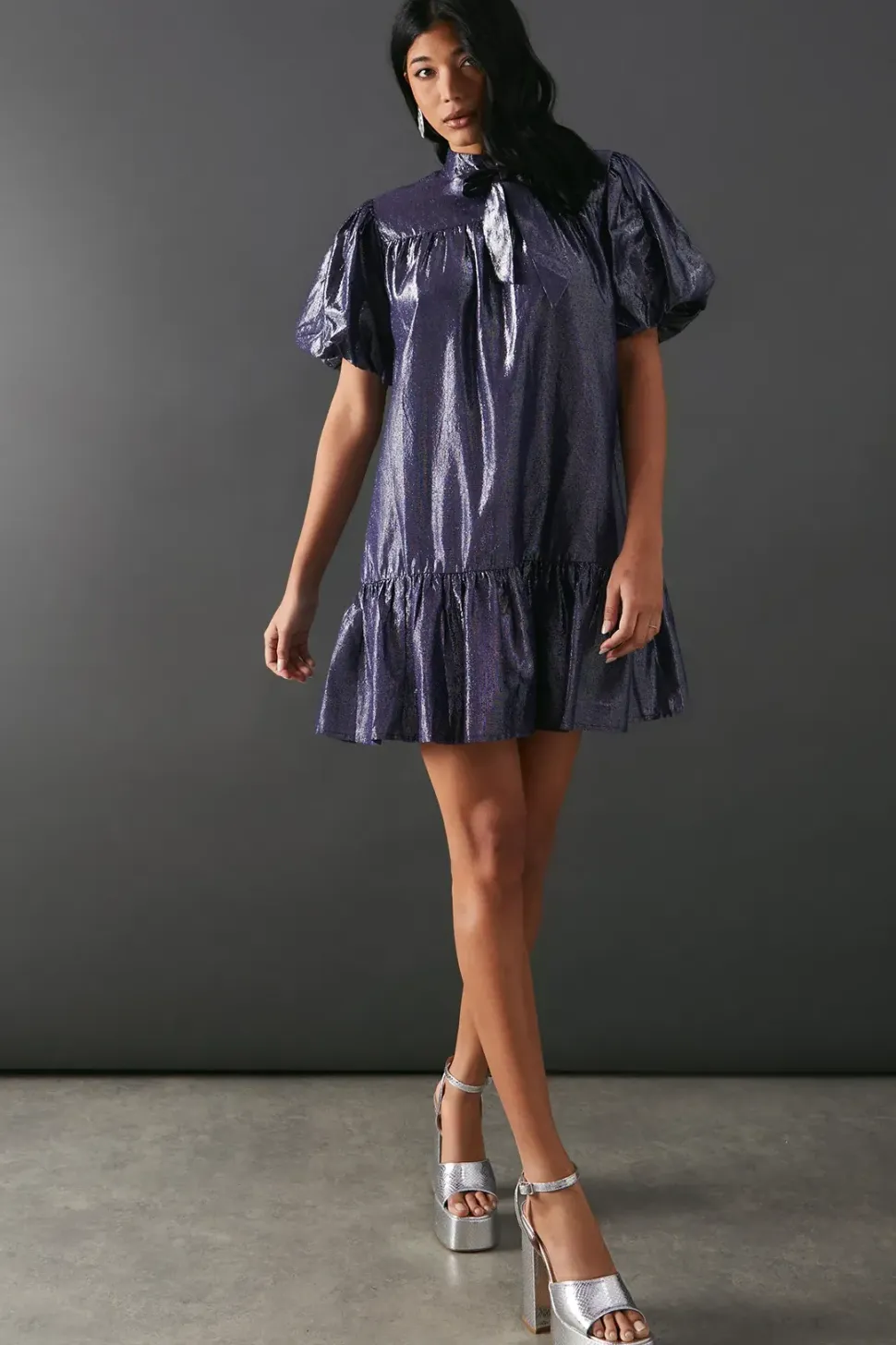 Metallic Tie Neck Puff Sleeve Tier Hem Mini Dress