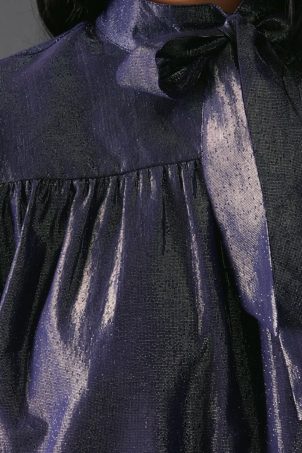 Metallic Tie Neck Puff Sleeve Tier Hem Mini Dress
