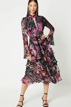 Metallic Tiered Skirt Wrap Front Midi Dress