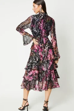 Metallic Tiered Skirt Wrap Front Midi Dress