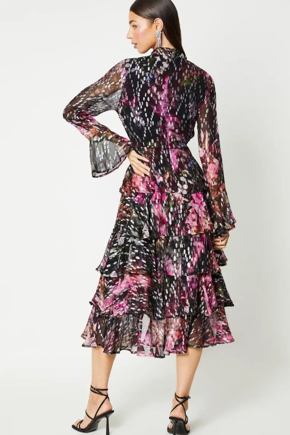 Metallic Tiered Skirt Wrap Front Midi Dress