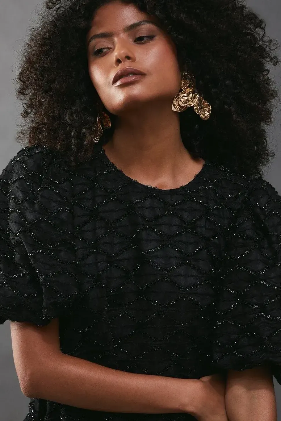 Metallic Tinsel Drop Waist Mini Smock Dress
