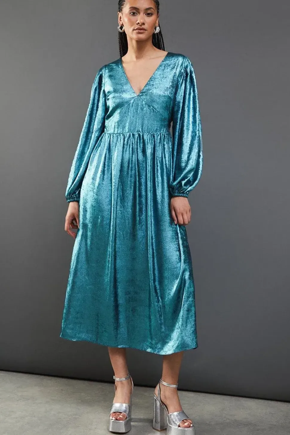 Metallic V Neck Open Back Midi Dress