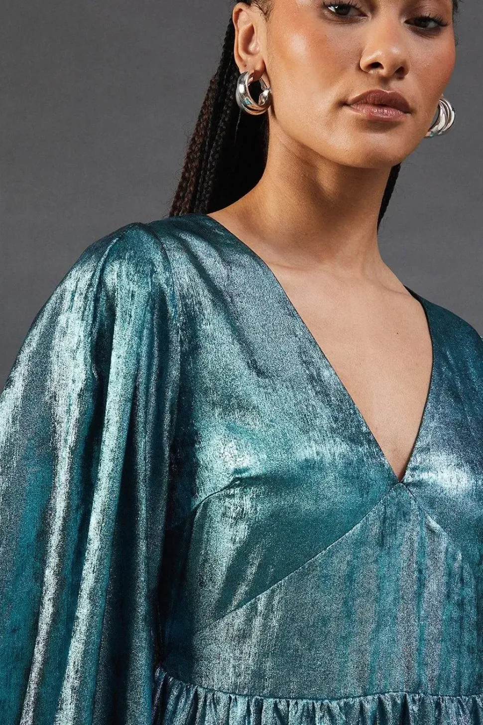 Metallic V Neck Open Back Midi Dress