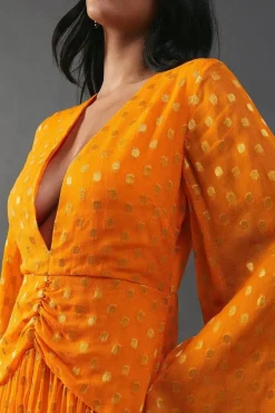 Metallic V Plunge Kimono Sleeve Maxi Dress