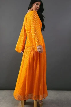 Metallic V Plunge Kimono Sleeve Maxi Dress