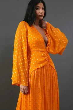 Metallic V Plunge Kimono Sleeve Maxi Dress
