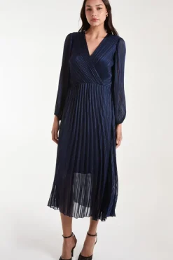 Metallic Wrap Front Plisse Midi Dress