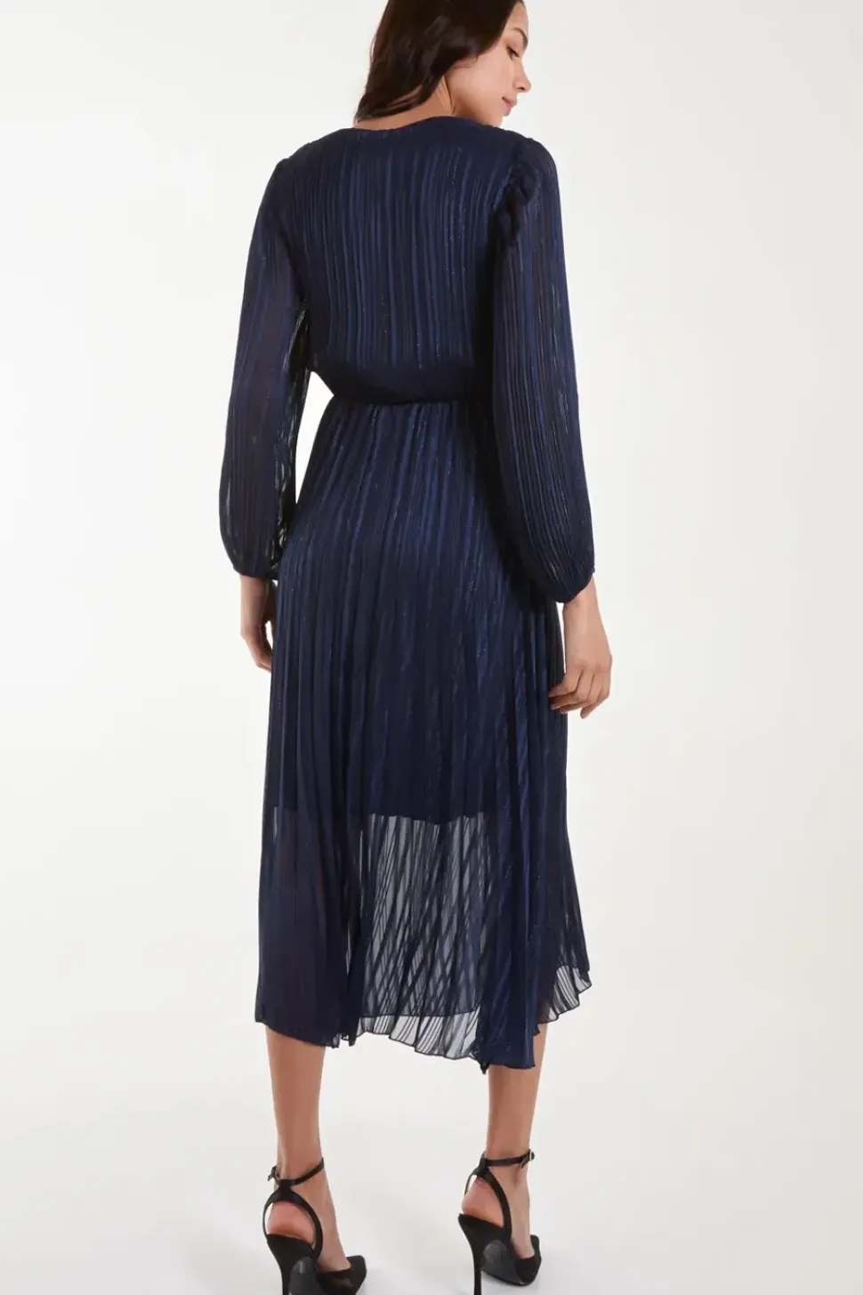 Metallic Wrap Front Plisse Midi Dress