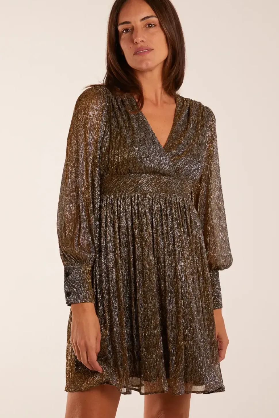 Metallic Wrap Mini Dress
