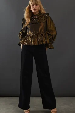 Metallic Yoke Frill Tie Neck Blouse