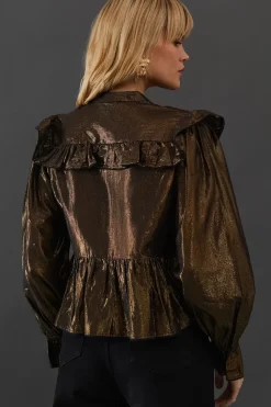 Metallic Yoke Frill Tie Neck Blouse