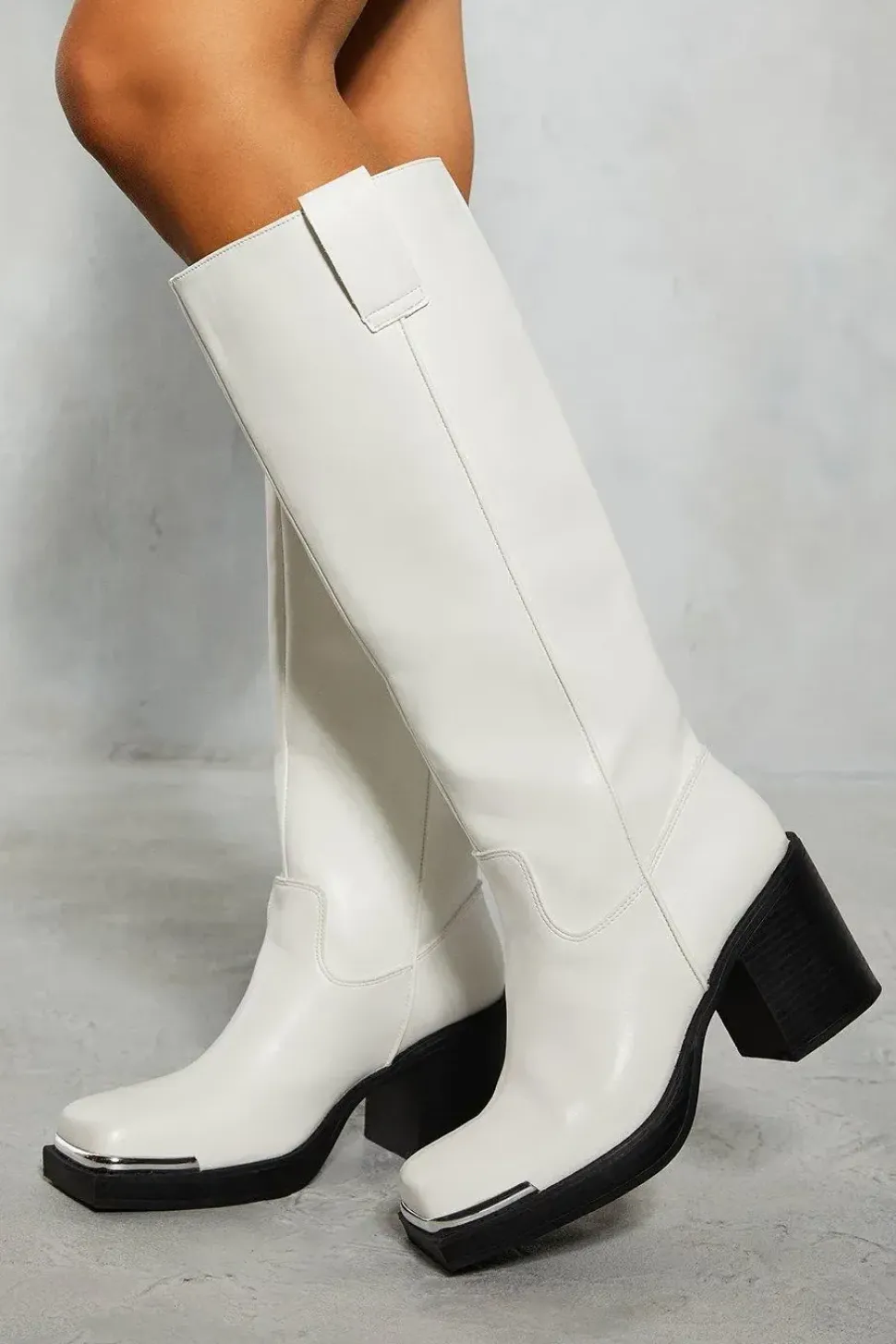 Metal Square Toe Block Heel Boots