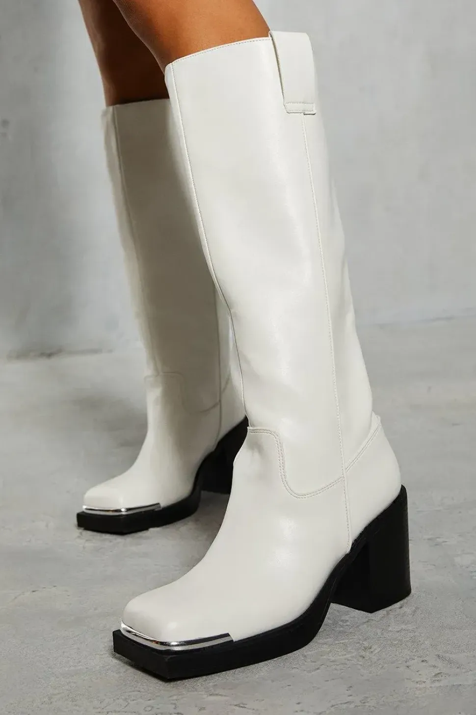 Metal Square Toe Block Heel Boots
