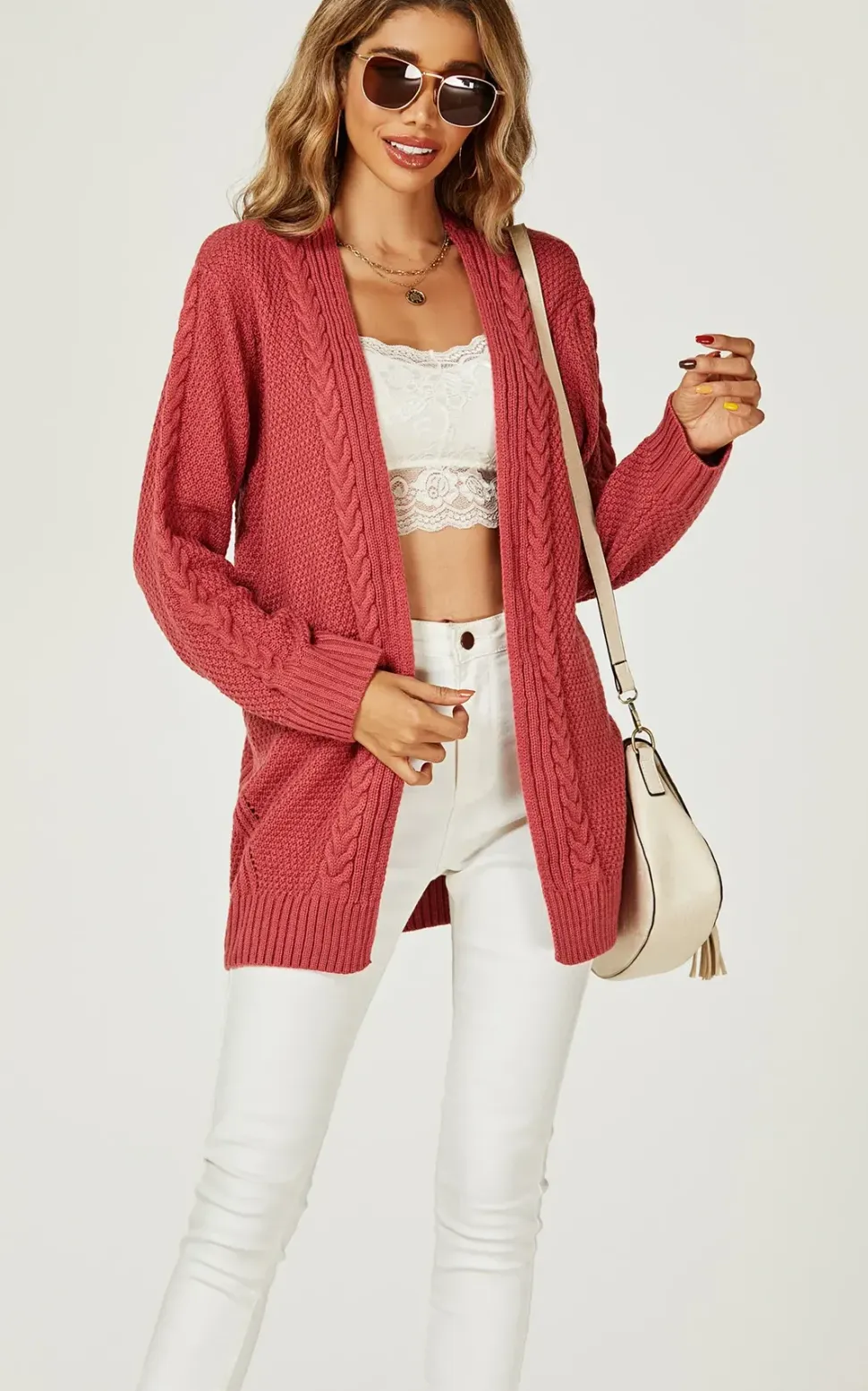 Midi Cable Knit Cardigan in Rusty Red