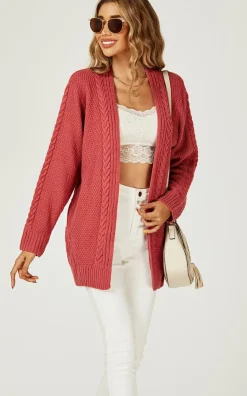 Midi Cable Knit Cardigan in Rusty Red