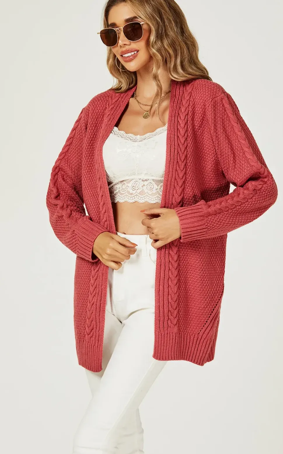 Midi Cable Knit Cardigan in Rusty Red