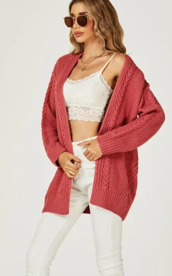 Midi Cable Knit Cardigan in Rusty Red
