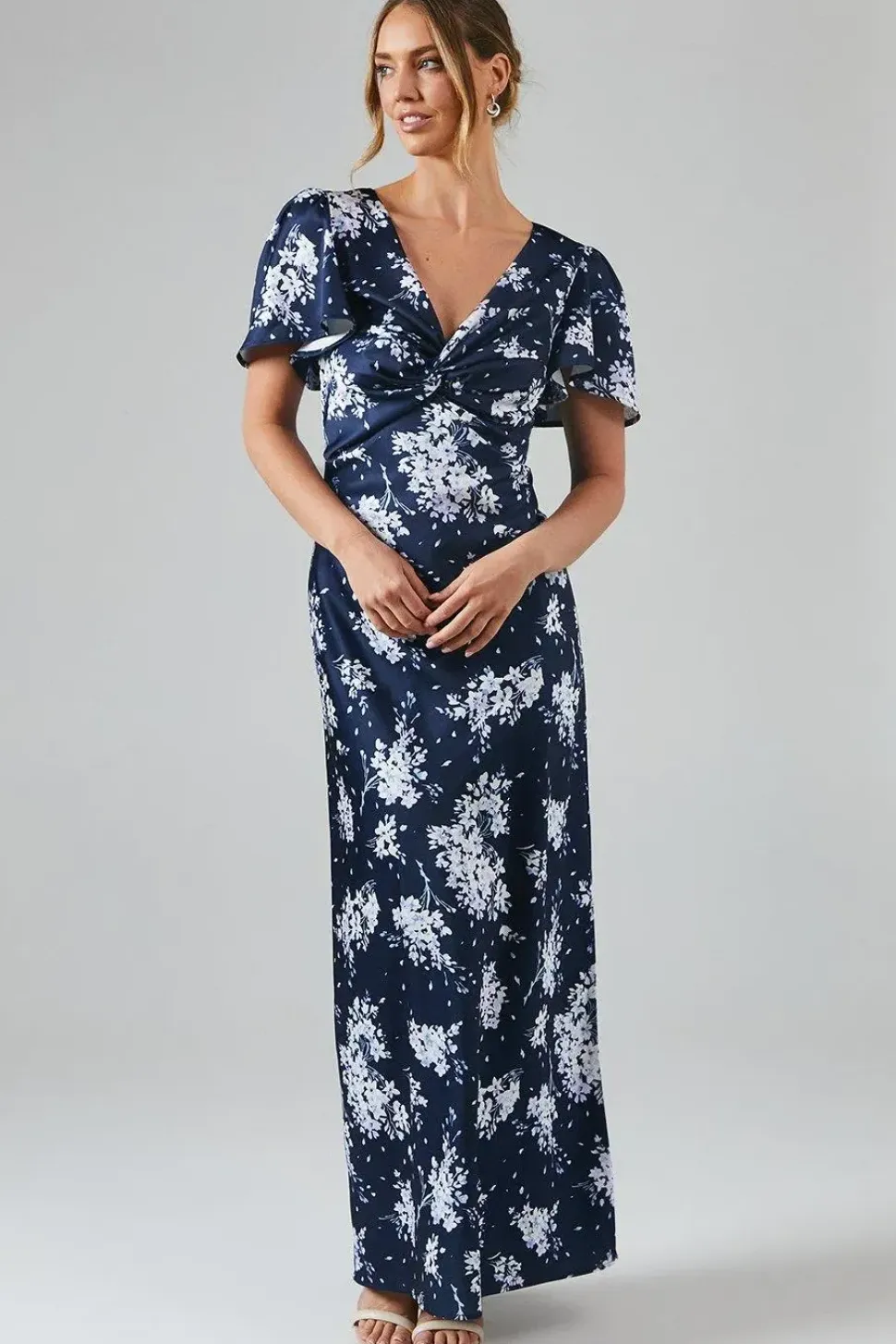 Midnight Bloom Printed Satin Twist Front Angel Sleeve Maxi Bridesmaids Dress
