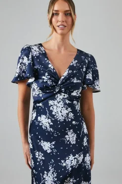 Midnight Bloom Printed Satin Twist Front Angel Sleeve Maxi Bridesmaids Dress