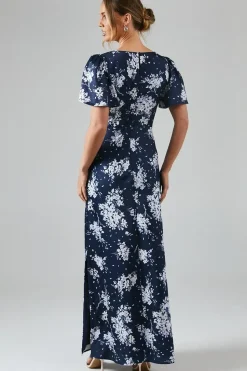 Midnight Bloom Printed Satin Twist Front Angel Sleeve Maxi Bridesmaids Dress
