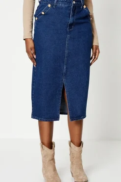 Military Button Midi Denim Skirt