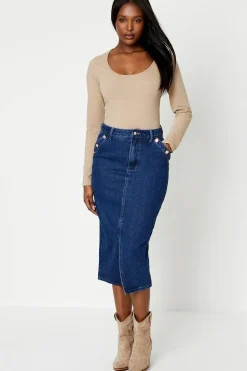 Military Button Midi Denim Skirt
