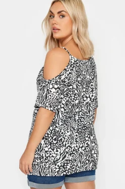 Mixed Animal Print Cold Shoulder Top
