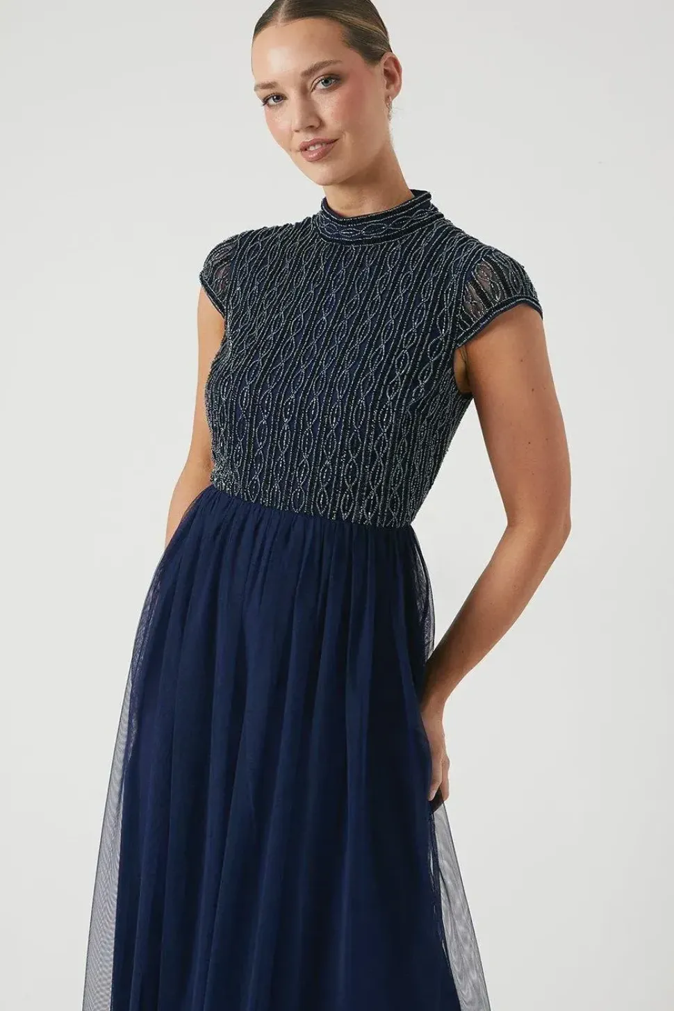 Mixed Bead Cap Sleeve Bridesmaid Midi Dress