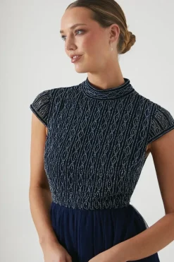 Mixed Bead Cap Sleeve Bridesmaid Midi Dress