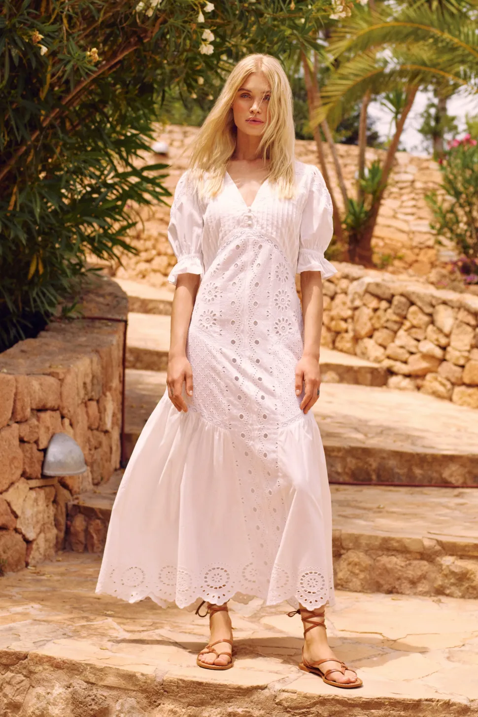Mixed Broderie Button Front Puff Sleeve Maxi Dress