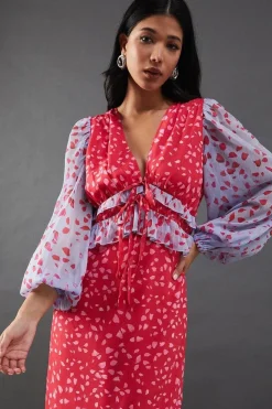 Mixed Chiffon Ruffle Midi Tea Dress