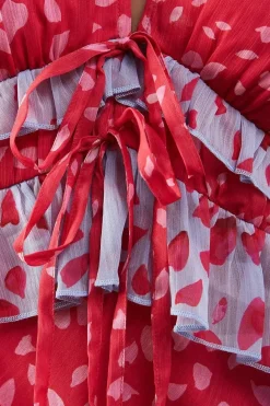 Mixed Chiffon Ruffle Midi Tea Dress