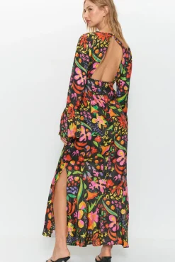 Mixed Floral Jacquard Flute Sleeve Jacquard Midi Dress