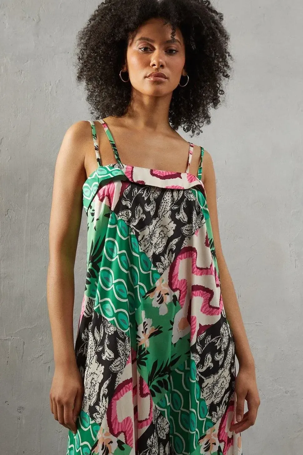 Mixed Print Satin Strappy Square Neck Midi Sundress